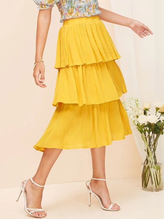 CM-BS102762 Women Casual Seoul Style Mid Waist Solid Tiered Layer Skirt - Yellow