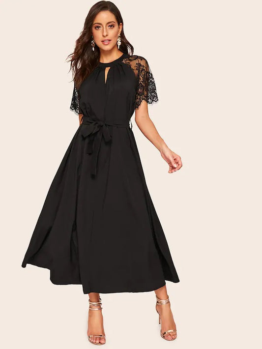 CM-DS920405 Women Elegant Seoul Style Lace Sleeve V-Cut Insert Neck Dress - Black