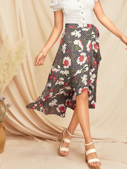 CM-BS109430 Women Casual Seoul Style Mid Waist Ruffle Trim Floral And Geo Wrap Skirt