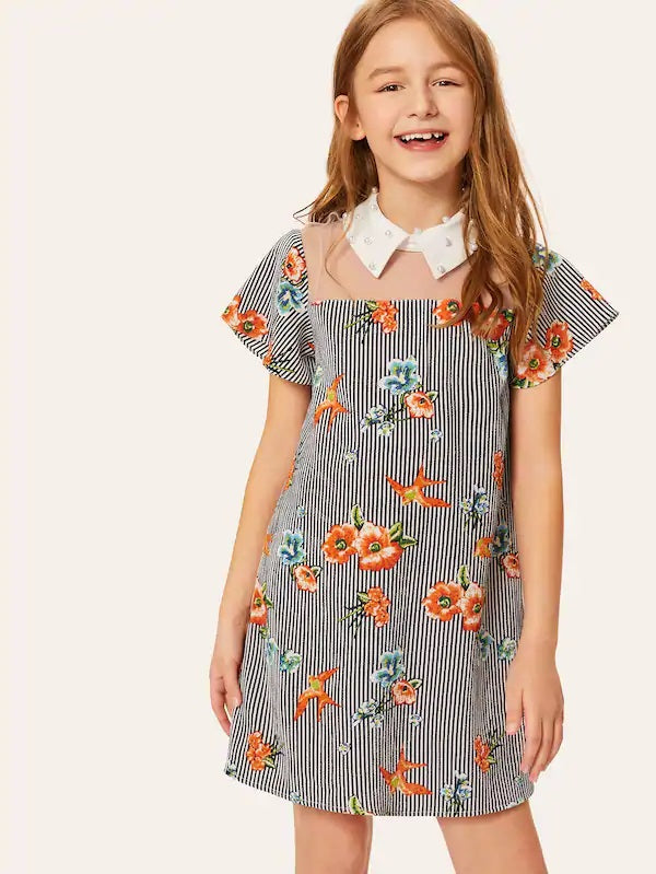 CM-KD111742 Girls Seoul Style Collar Pearl Beading Mesh Insert Tunic Dress