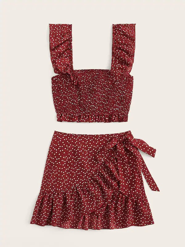 CM-SS311430 Women Trendy Ruffle Trim Crop Cami Top With Wrap Tie Waist Skirt - Set