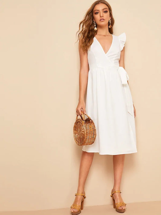 CM-DS301424 Women Elegant Seoul Style Ruffle Armhole Belted Surplice Wrap Dress - White