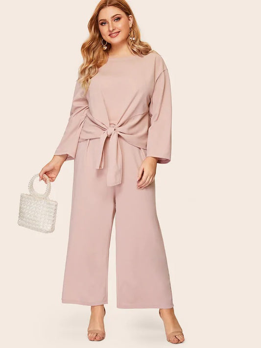 CM-SP212788 Plus Size Trendy Seoul Style Knot Front Tee With Wide Leg Pants - Set