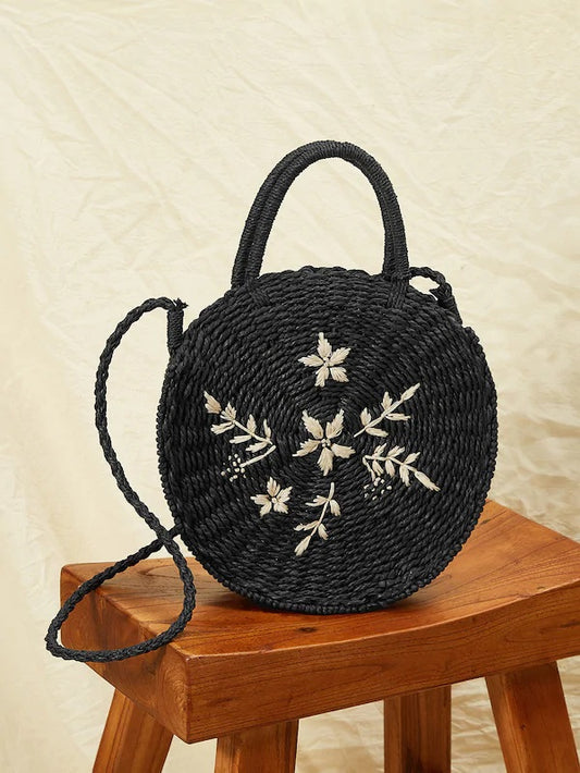 CM-BGS121728 Women Casual Seoul Style Leaf Embroidery Round Satchel Bag - Black