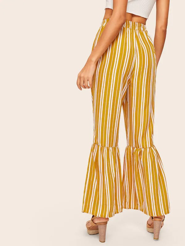 CM-BS221408 Women Casual Seoul Style Vertical Stripe Ruffle Hem Pants - Yellow