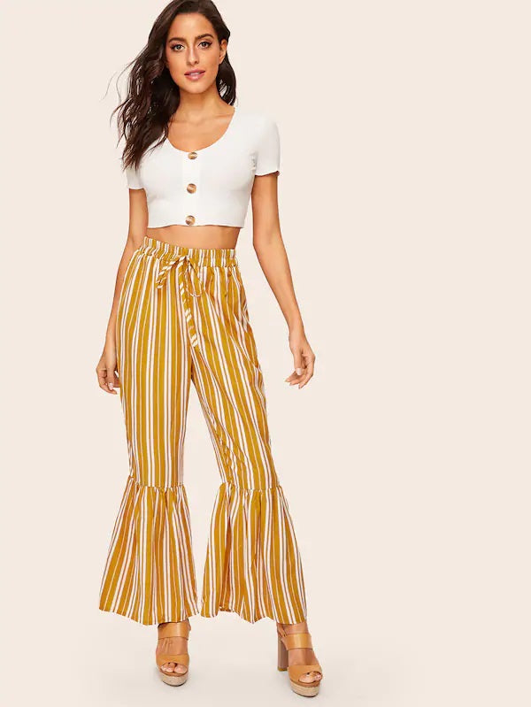 CM-BS221408 Women Casual Seoul Style Vertical Stripe Ruffle Hem Pants - Yellow