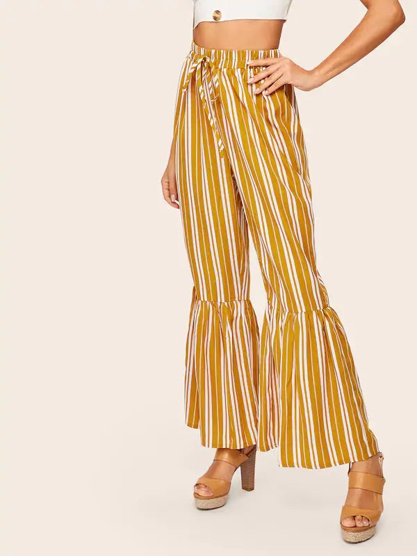 CM-BS221408 Women Casual Seoul Style Vertical Stripe Ruffle Hem Pants - Yellow