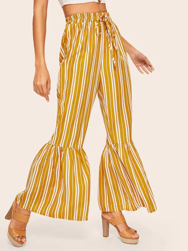 CM-BS221408 Women Casual Seoul Style Vertical Stripe Ruffle Hem Pants - Yellow