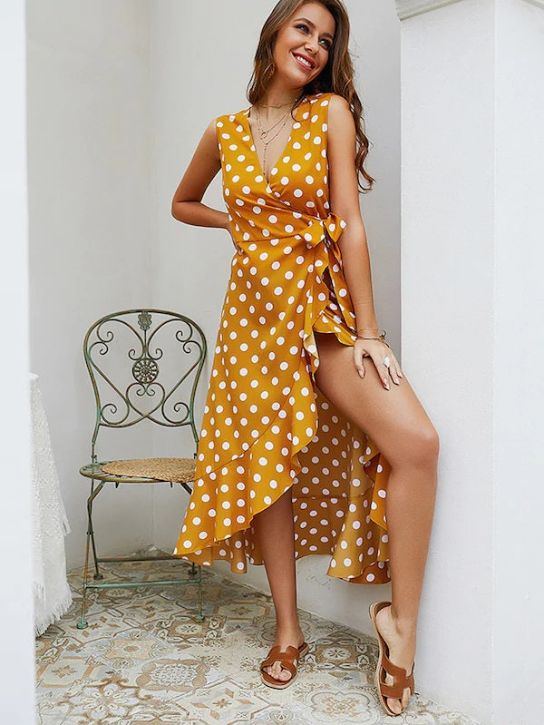 CM-DS301263 Women Casua Seoul Syle Polka Dot Ruffle Hem Knot Side Wrap Dress - Yellow