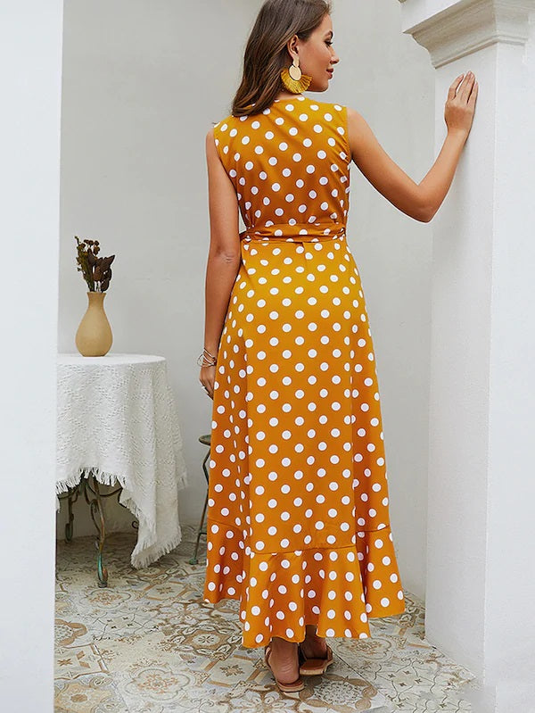 CM-DS301263 Women Casua Seoul Syle Polka Dot Ruffle Hem Knot Side Wrap Dress - Yellow