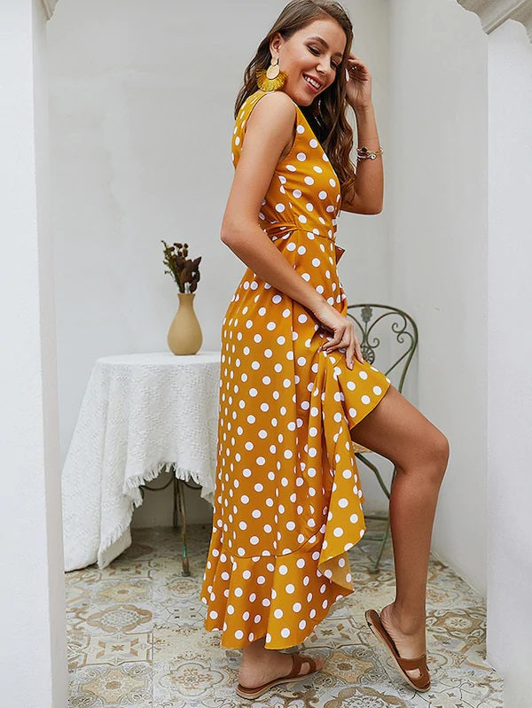 CM-DS301263 Women Casua Seoul Syle Polka Dot Ruffle Hem Knot Side Wrap Dress - Yellow