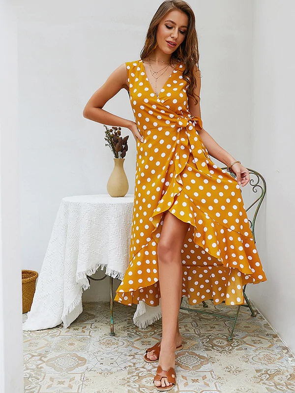 CM-DS301263 Women Casua Seoul Syle Polka Dot Ruffle Hem Knot Side Wrap Dress - Yellow