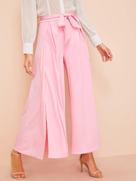 CM-BS320950 Women Casual Seoul Style Split-Front Wide Leg Waist Tie Pants - Pink