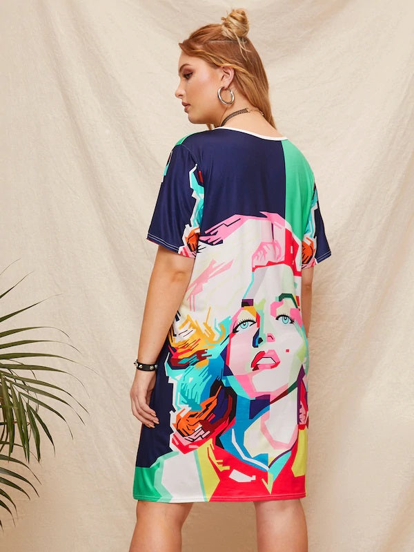 CM-DP320002 Plus Size Casual Seoul Style Short Sleeve Print T-Shirt Dress