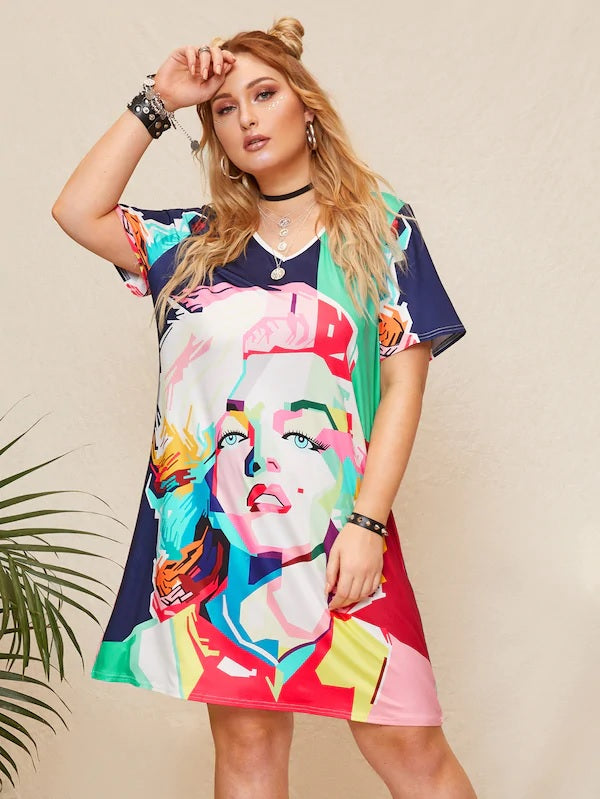 CM-DP320002 Plus Size Casual Seoul Style Short Sleeve Print T-Shirt Dress