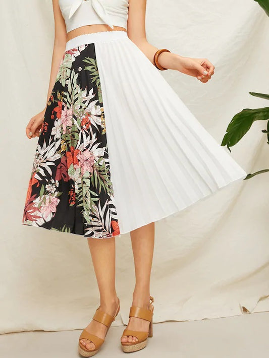 CM-BS313051 Women Casual Seoul Style High Waist Floral Print Panel Pleated Skirt - White