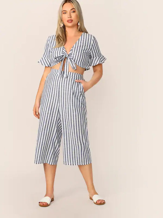 CM-SP308577 Plus Size Trendy Knot Front Striped Crop Top With Culotte Pants - Set
