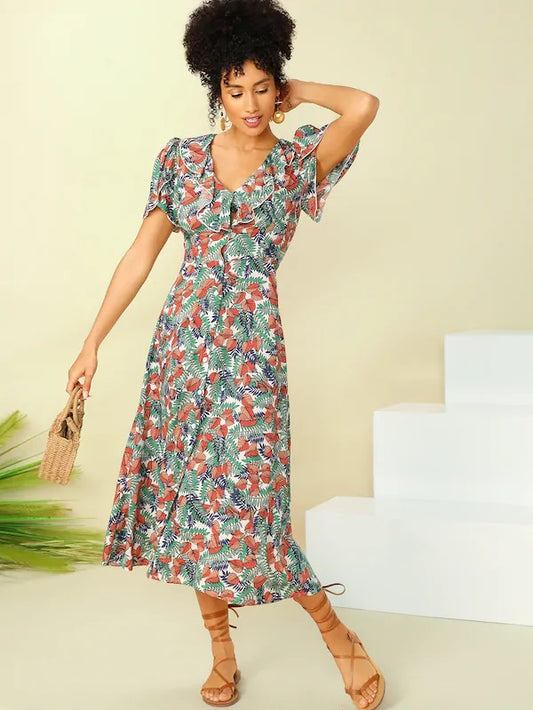 CM-DS227830 Women Casual Seoul Style Ruffle Trim Tulip Sleeve Tropical Dress