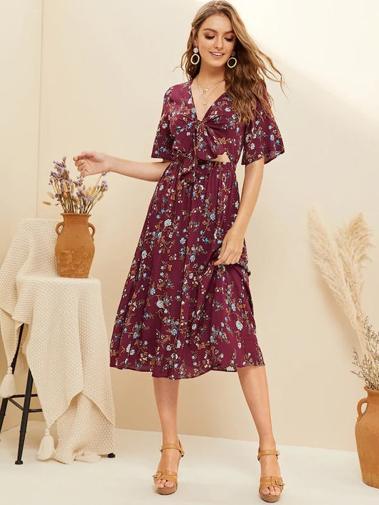 CM-DS306404 Women Casual Seoul Style Ditsy Floral Print Knotted Front Peekaboo Dress