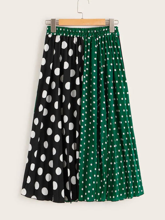 CM-BS321101 Women Casual Seoul Style Mid Waist Two Tone Polka Dot Midi Skirt