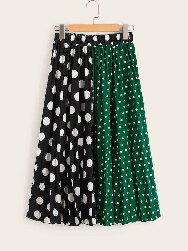 CM-BS321101 Women Casual Seoul Style Mid Waist Two Tone Polka Dot Midi Skirt