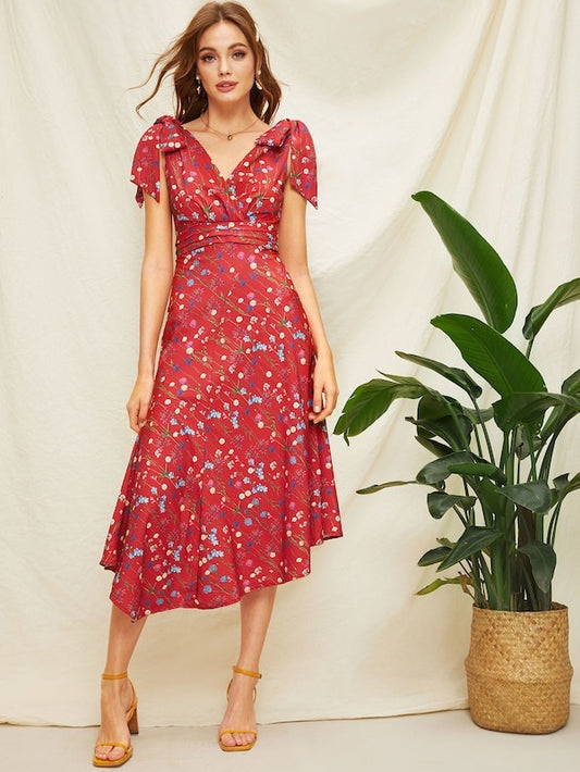 CM-DS321010 Women Casual Seoul Style Knot Detail Floral Print Asymmetric Hem Dress - Red