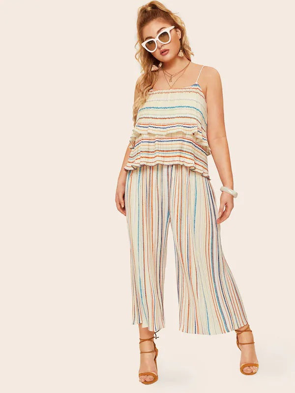 CM-SP325202 Plus Size Trendy Seoul Style Tiered Layer Striped Cami Top With Pants - Set
