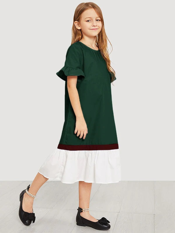 CM-KD307893 Girls Seoul Style Keyhole Back Cut And Sew Dress - Green