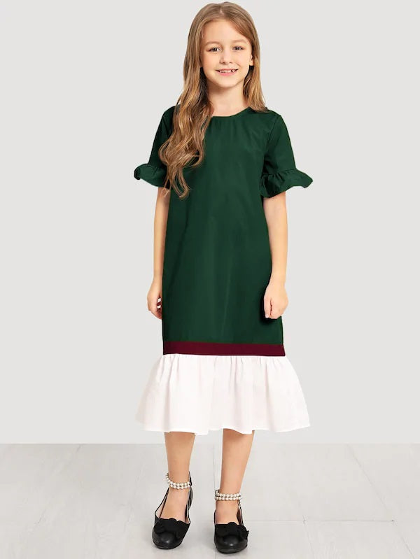 CM-KD307893 Girls Seoul Style Keyhole Back Cut And Sew Dress - Green