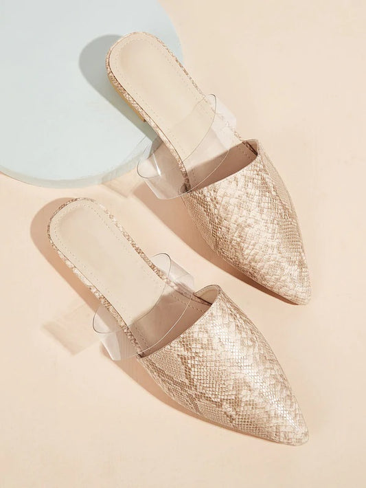 CM-SHS327716 Women Elegant Seoul Style Snakeskin Pattern Point Toe Flat Mules - Apricot