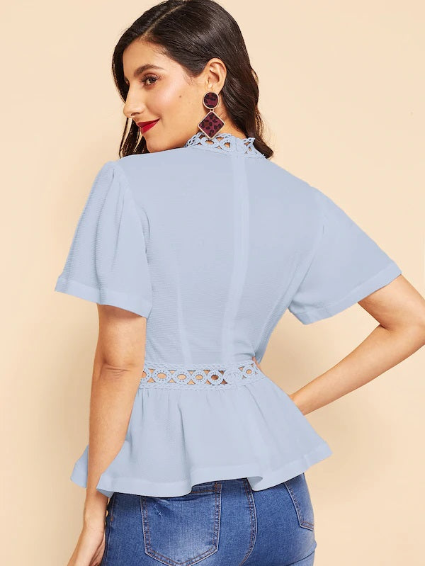 CM-TS326185 Women Casual Seoul Style Guipure Lace Panel Textured Peplum Blouse - Blue