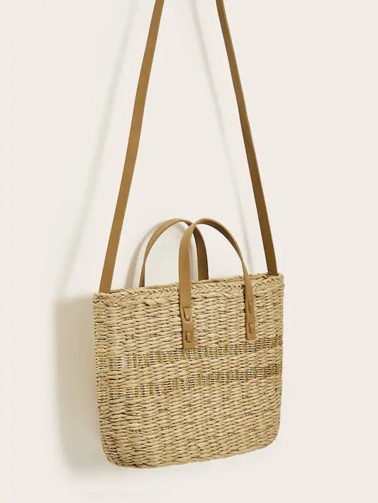 CM-BGS218708 Women Casual Seoul Style Convertible Strap Straw Satchel Bag - Brown