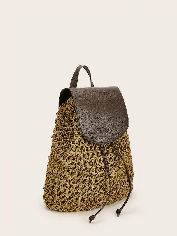 CM-BGS318703 Women Casual Seoul Style Woven Flap Backpack With Drawstring - Brown