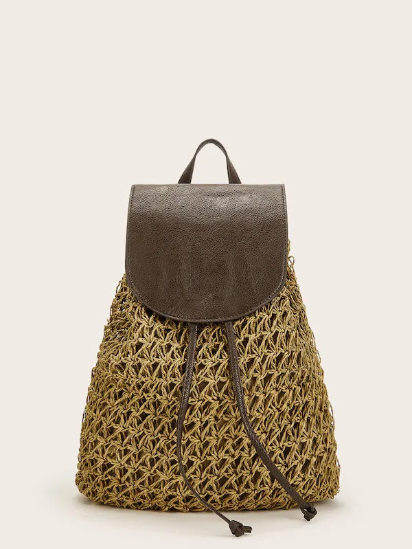 CM-BGS318703 Women Casual Seoul Style Woven Flap Backpack With Drawstring - Brown