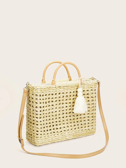 CM-BGS322708 Women Casual Bohemian Style Tassel Detail Braided Satchel Bag - Khaki