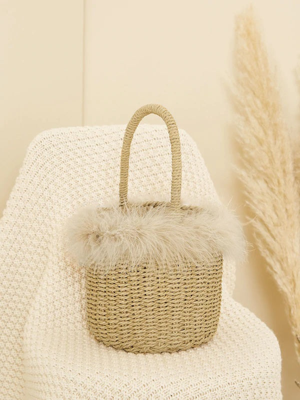 CM-BGS328706 Women Casual Seoul Style Faux Fur And Drawstring Detail Tote Bag