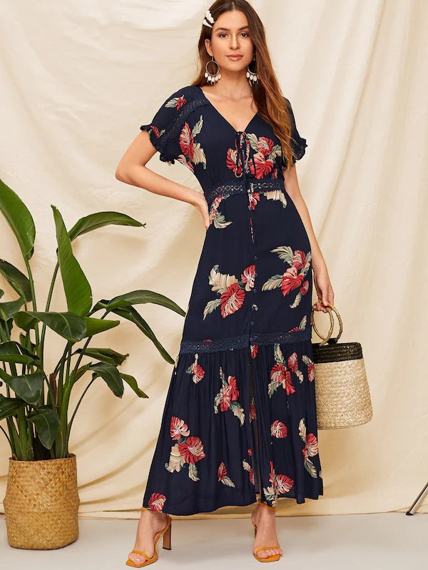 CM-DS219474 Women Casual Seoul Style Lace Insert Ruffle Hem Floral Maxi Shirt Dress