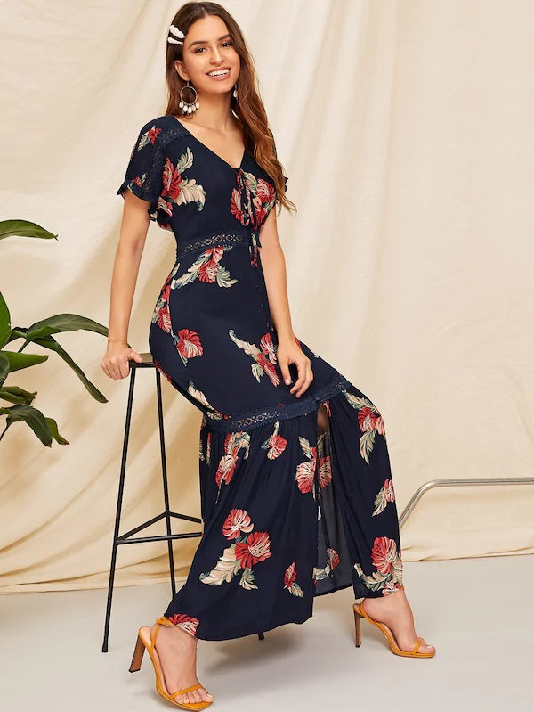 CM-DS219474 Women Casual Seoul Style Lace Insert Ruffle Hem Floral Maxi Shirt Dress