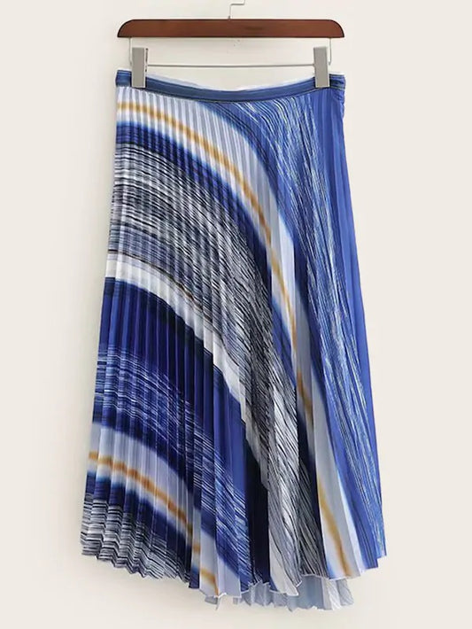 CM-BS401002 Women Casual Seoul Style Mid Waist Stripe Pleated Midi Skirt - Blue