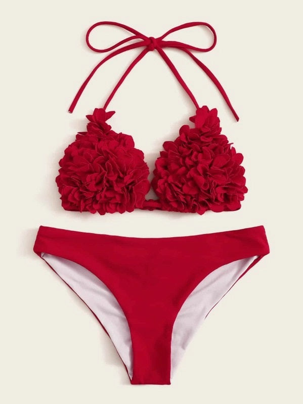 CM-SWS401836 Women Trendy Seoul Style Floral Applique Triangle Bikini Swimsuit - Wine Red