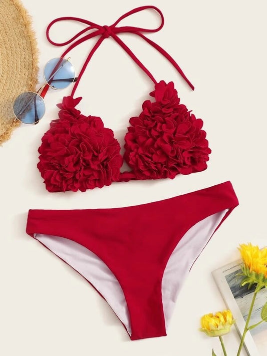 CM-SWS401836 Women Trendy Seoul Style Floral Applique Triangle Bikini Swimsuit - Wine Red