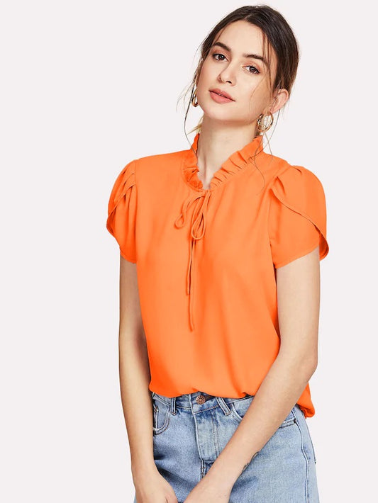 CM-TS305430 Women Casual Seoul Style Frill Trim Tie Neck Petal Sleeve Top - Orange