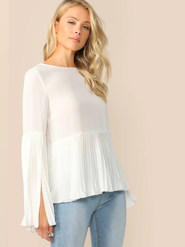 CM-TS318895 Women Elegant Seoul Style Zip Back Split Sleeve Pleated Top - White