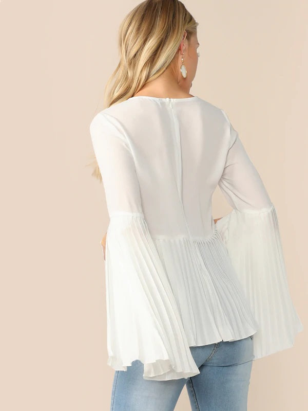 CM-TS318895 Women Elegant Seoul Style Zip Back Split Sleeve Pleated Top - White