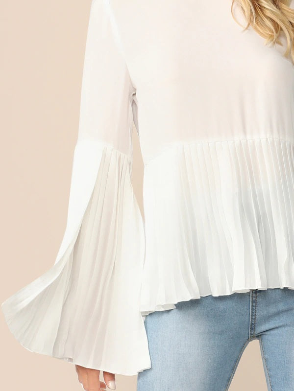 CM-TS318895 Women Elegant Seoul Style Zip Back Split Sleeve Pleated Top - White