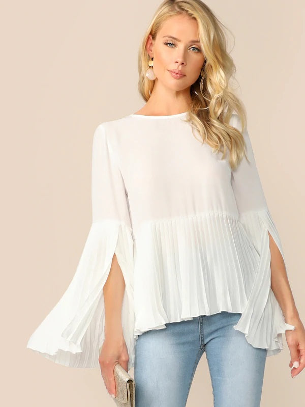 CM-TS318895 Women Elegant Seoul Style Zip Back Split Sleeve Pleated Top - White