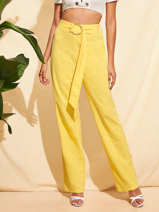 CM-BS320451 Women Casual Seoul Style Solid Ring Belted Straight Leg Pants - Yellow