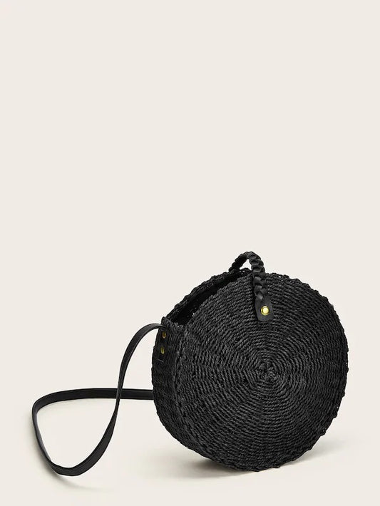 CM-BGS307703 Women Casual Bohemian Style Braided Round Crossbody Bag - Black