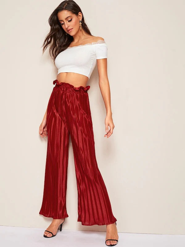 CM-BS306727 Women Casual Seoul Style Paperbag Waist Pleated Velvet Palazzo Pants