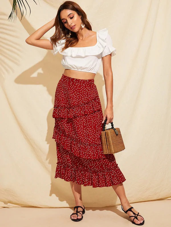 CM-BS325006 Women Casual Seoul Style Mid Waist Ruffle Trim Polka Dot Skirt - Wine Red